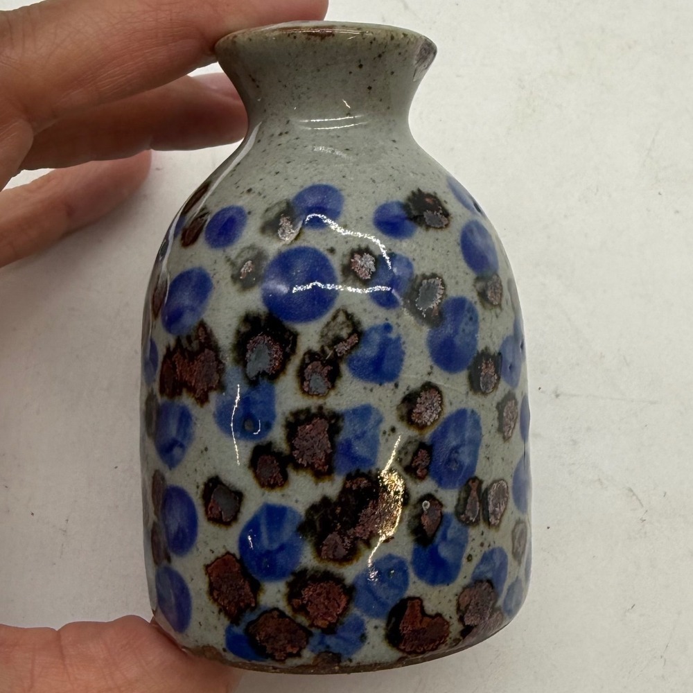 Knobler Japan Studio Pottery Bud Vase Blue Brown Polka Dot‎ Stoneware MCM 4 inch